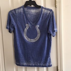 NWOT Distressed Antique Blue Horsehoe Shirt with Bling, never worn